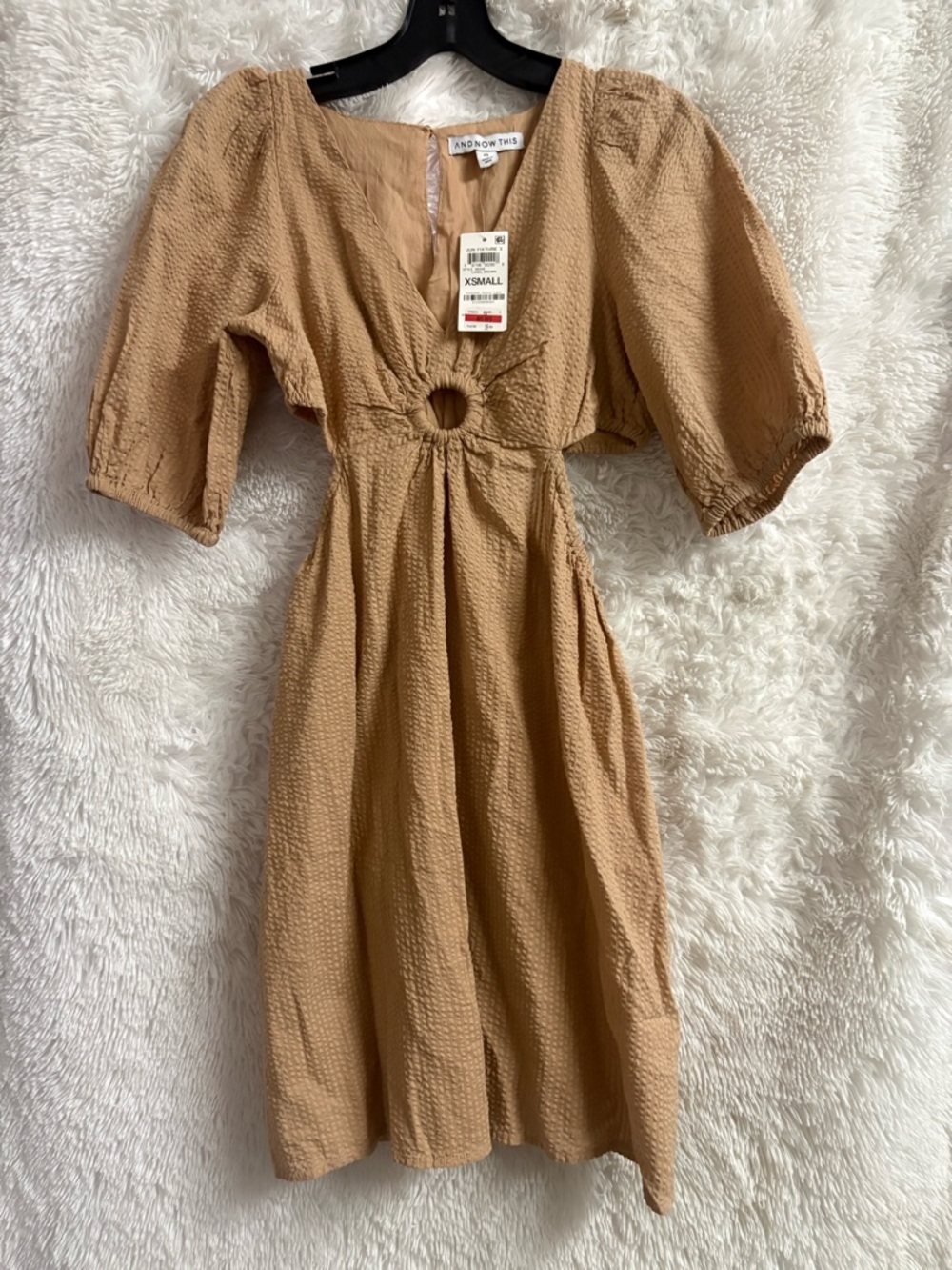 A New Day Tan Midi Dress with Cutout and Puff Sleeves - XS